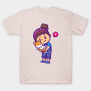 Cute Girl Hug Shiba Inu Dog Cartoon T-Shirt